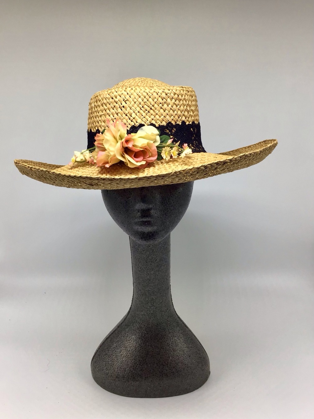 Straw Sun Hat with Peach Floral Trim